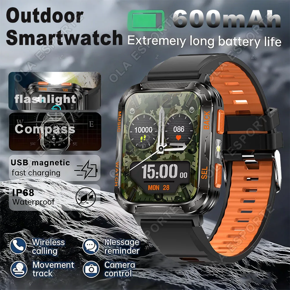 

2026 New Professional Outdoor Smart Watch Men Flashlight Compass Waterproof Military Sport Tracker HD Bluetooth Call Smartwatch