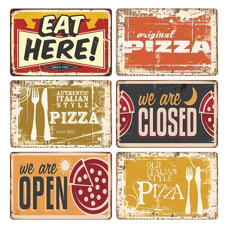 Decorative Sign & Plaque 6pcs, Metal Signs Pizza-Themed Poster Retro Plaque Novelty Poster Wall Art Decor Home Decor & Room Deco