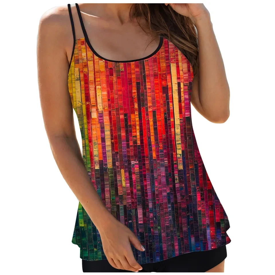 Women's Spaghetti Strap Tankini Top With Abstract Like Prints Women 1 Piece Bathing Suits Bikini Swim Tank Top No Bottom
