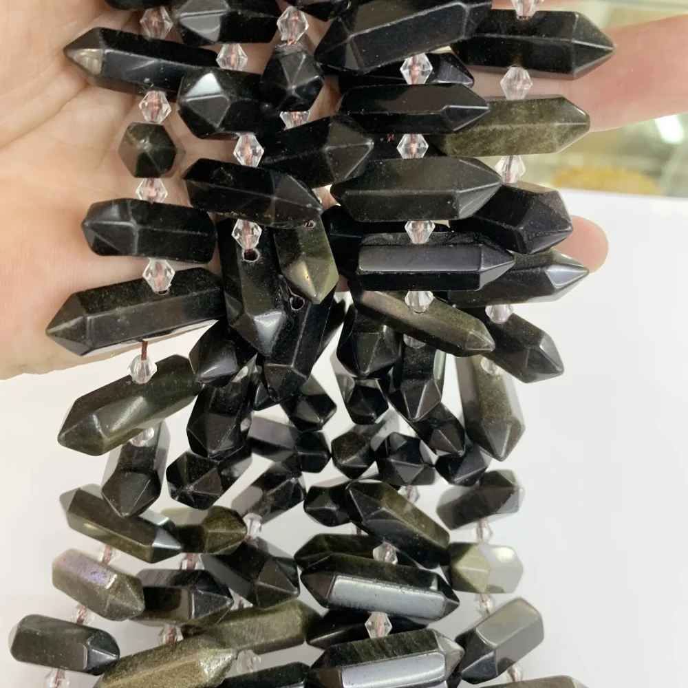 Natural Gemstones Lepidolite obsidian Double Pointed Crystal Drill Center Hole Chakra Beads For Jewelry Making DIY Bracelet Bead