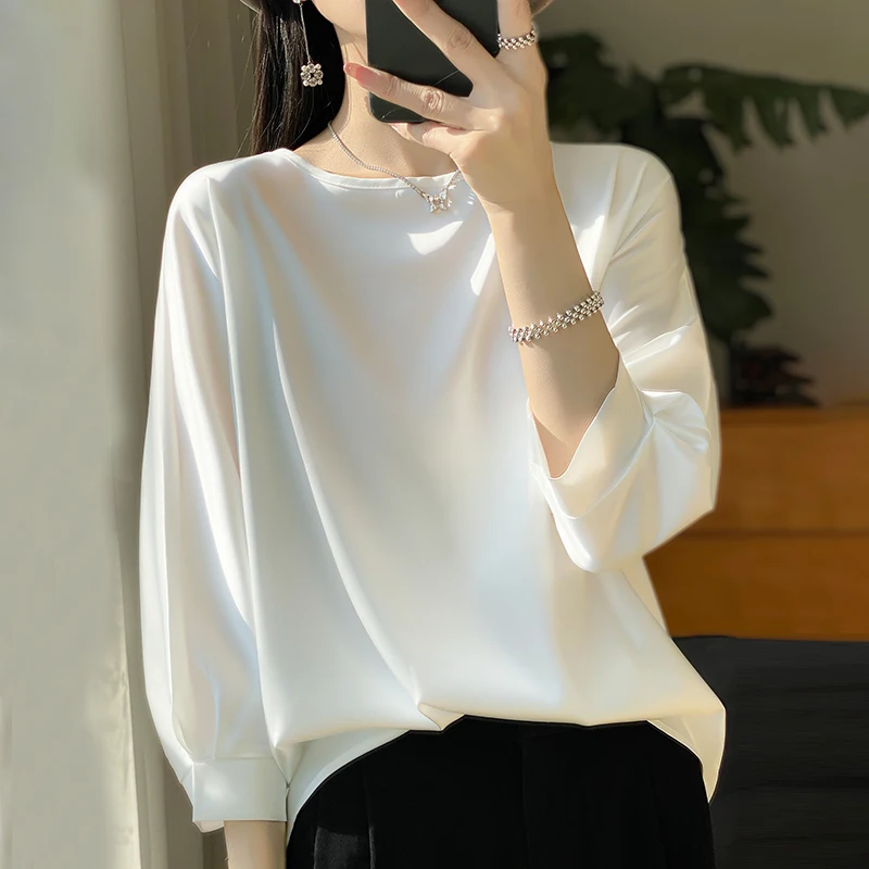 New Acetic Satin Nine-Sleeve T-shirt in Summer Women\'s Round Neck Loose Large Size Wide Sleeves Outside