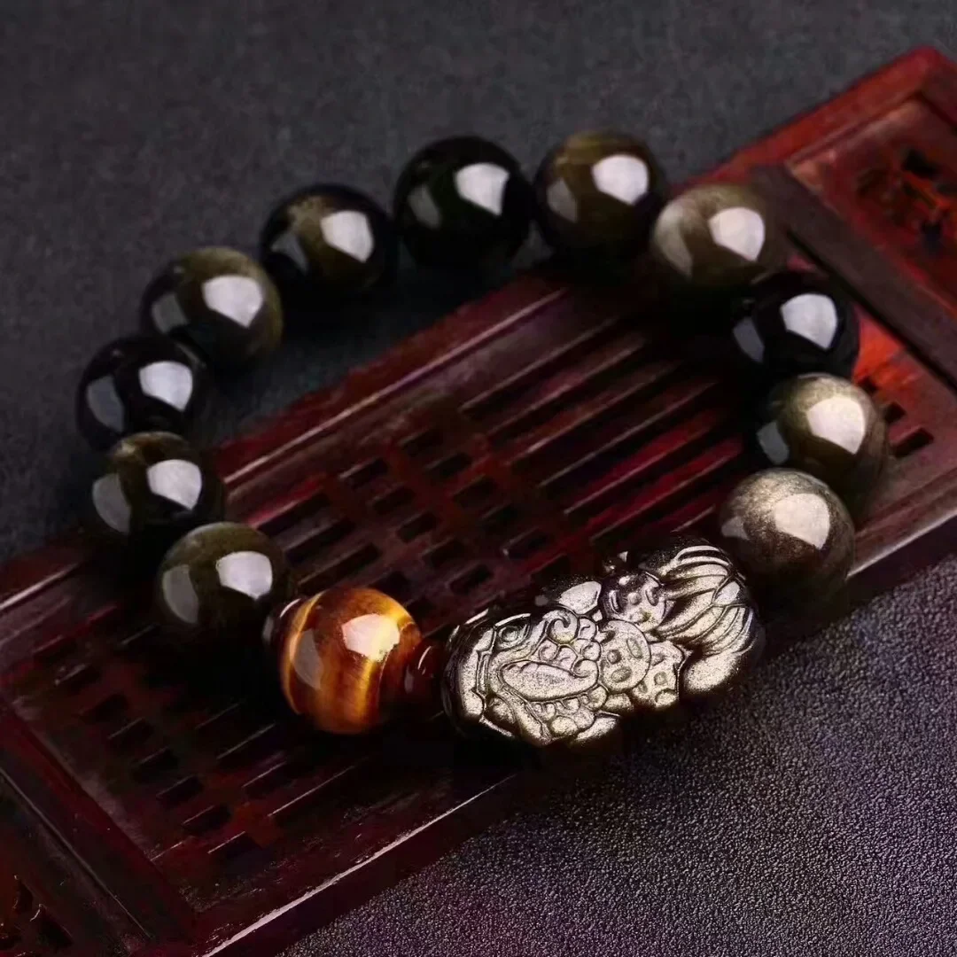 

Wholesale Natural Black Golden Obsidian Stone Bracelet Fine Caving PiXiu Feng Shui Tiger Eye Bead Health Wristband Jewelry Gift