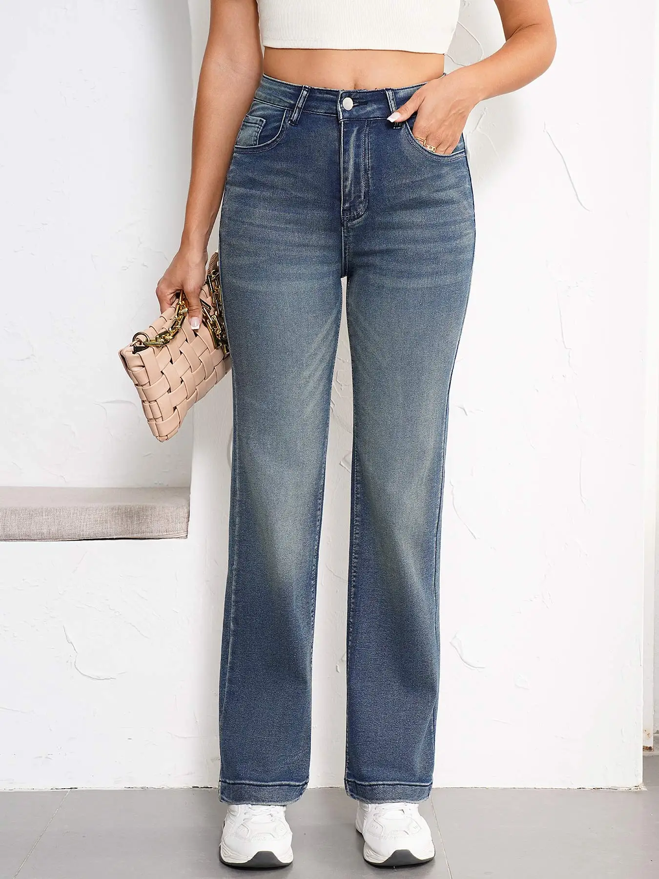 Damen Vintage Jeans Mid Rise Stretch Slim bestickte Jeanshose mit weitem Bein Western Cowgirl Boot Jeans