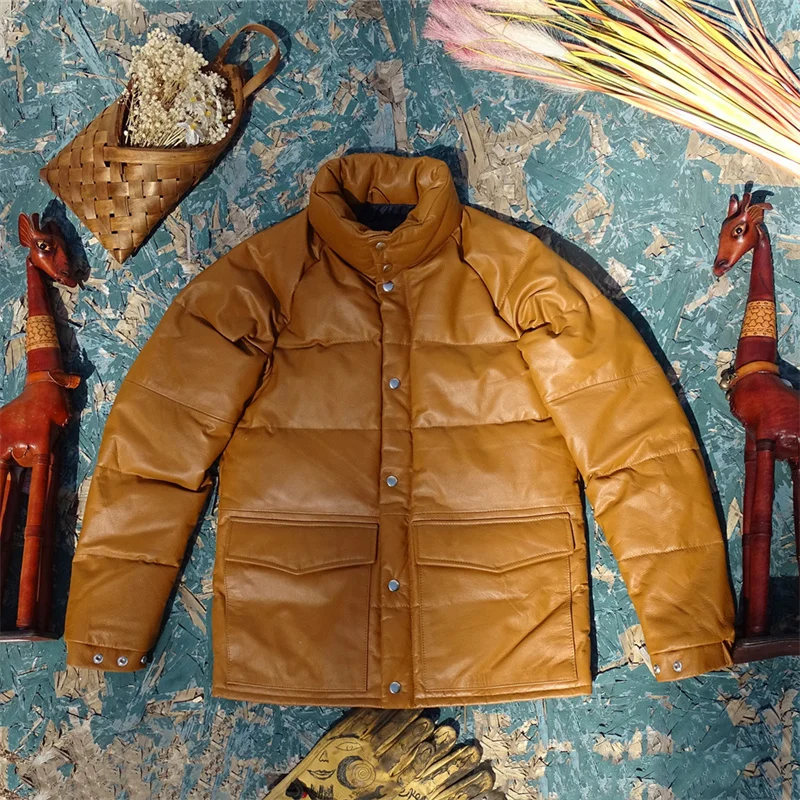New Men's Genuine Top Layer Cowhide Leather down Jacket White Duck Feather Warmth Large Bread Style Casual Fashion Urban Youth