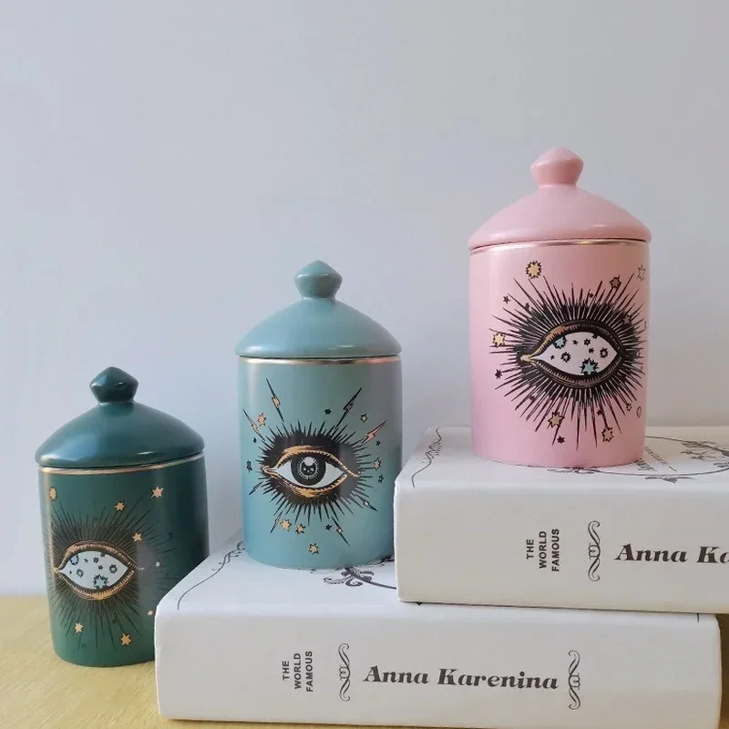 Big Eye Jar Starry Sky Eye Ceramic Jars with Lid Starry Sky Incense Candle Holder Hand Aromatherapy Candle Jar Home Decoration