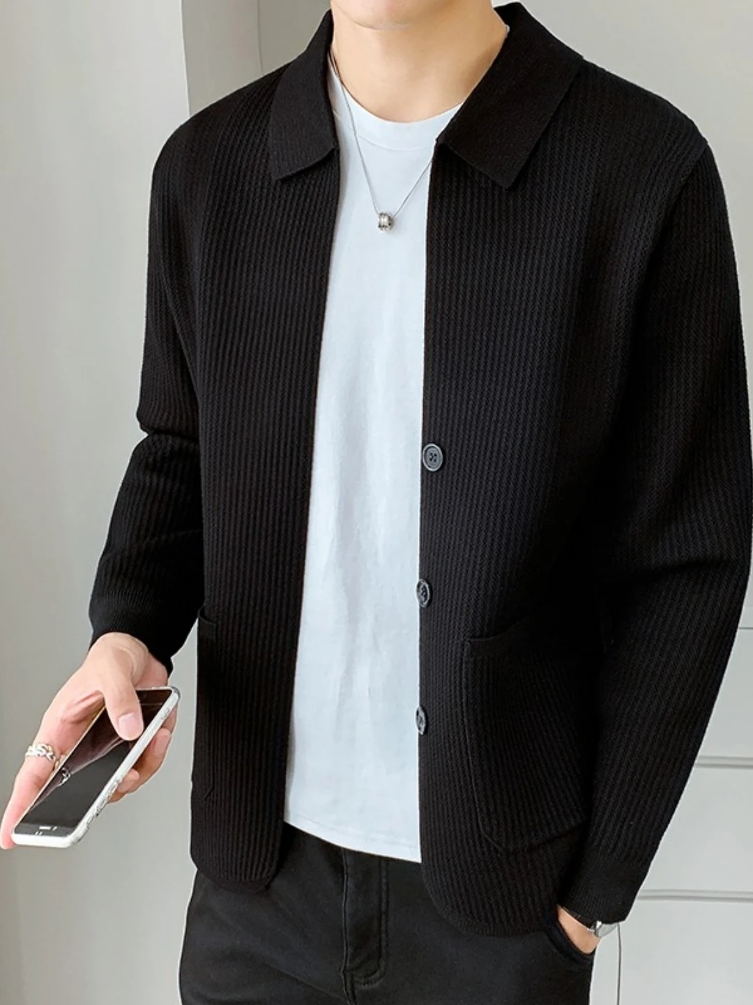 

Korean Sle Men's Knitted Cardigan Sweater Autumn Winter Casual Commute Suit Jaet Versatile Flip Collar Long Sve Knitwear