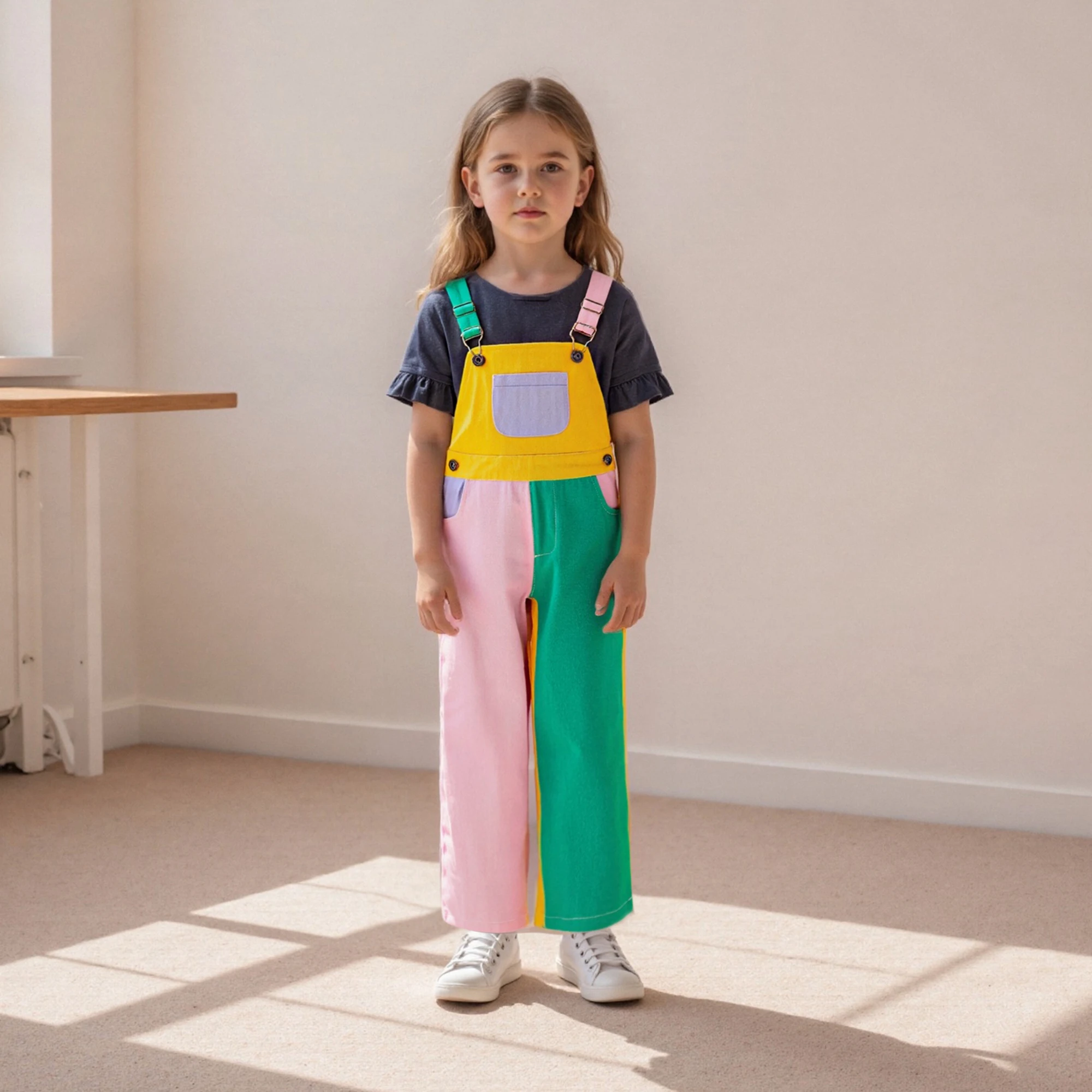 1-6Y Fashion Kid Denim Overalls Contrast Color Sleeveless Square Neck Full Length Romper with Adjustable Shoulder Strap