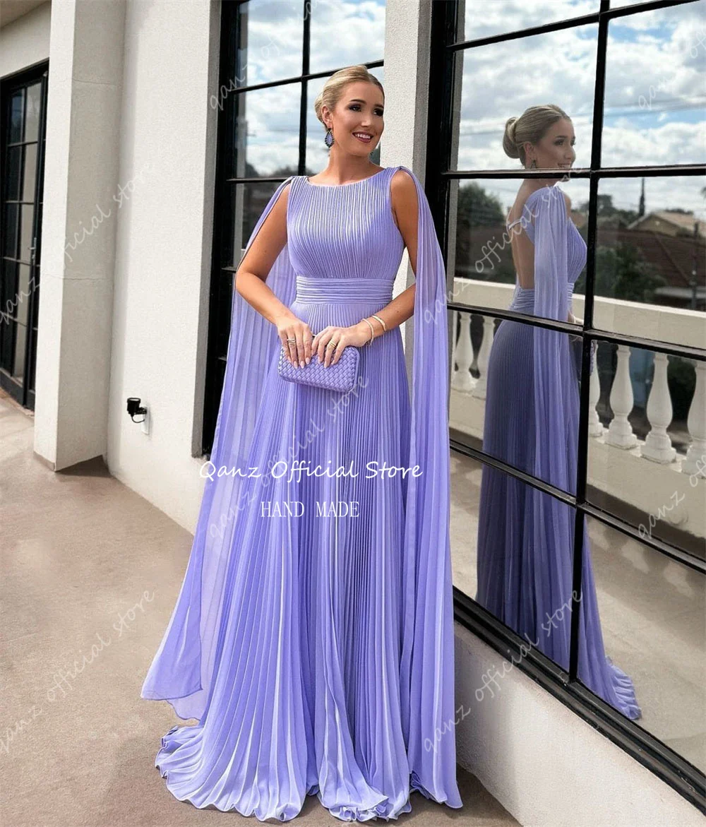 Qanz Formal Lavender Long Evening Dresses Cape Sleeves Chiffon Party Dress Ladies Dresses for Special Occasions Customized