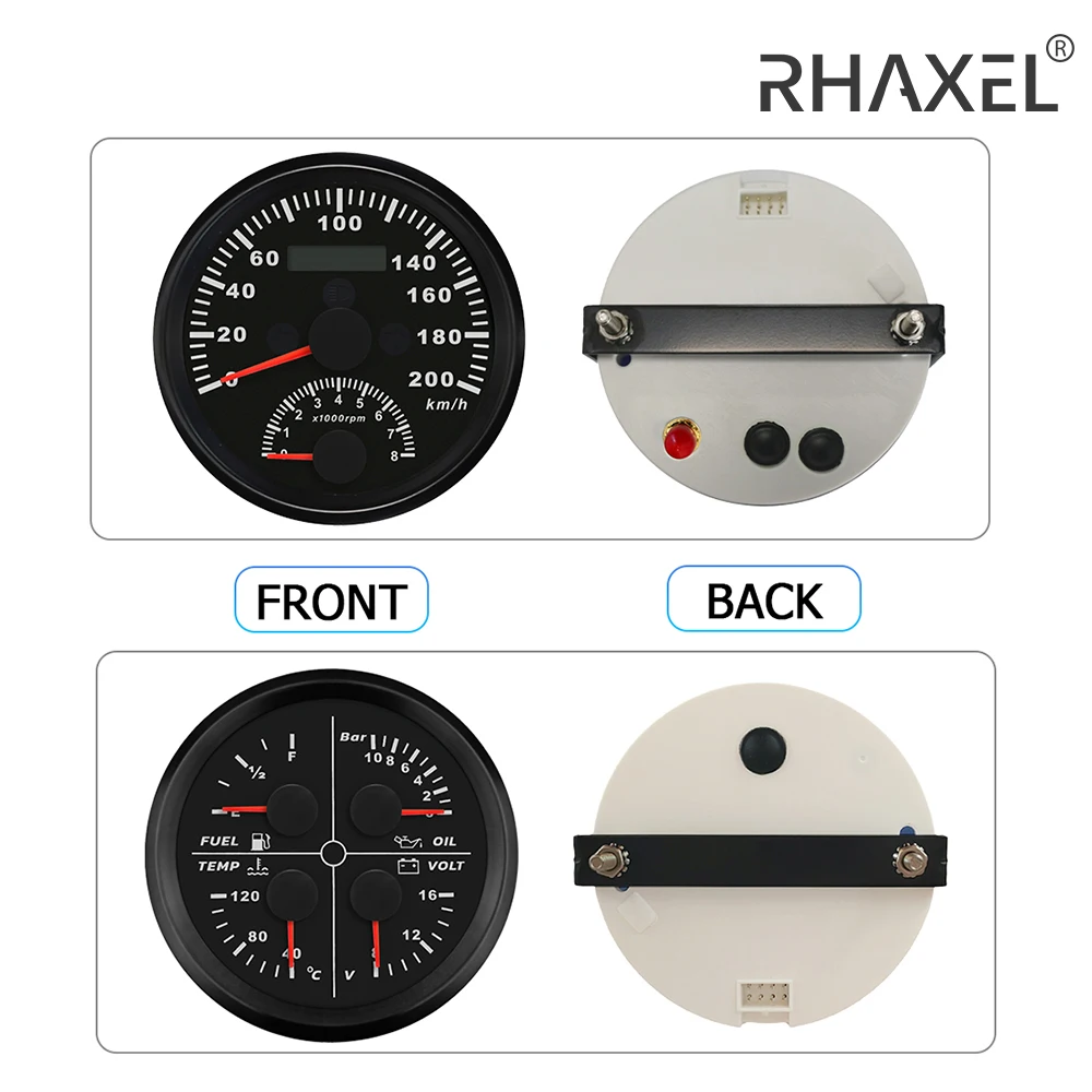 RHAXEL 2 Gauge Kit Motor RV 2in1 Speedometer GPS 200km/h with Tachometer 4in1 Fuel Level Water Temp. Oil Pressure Voltmeter 12V