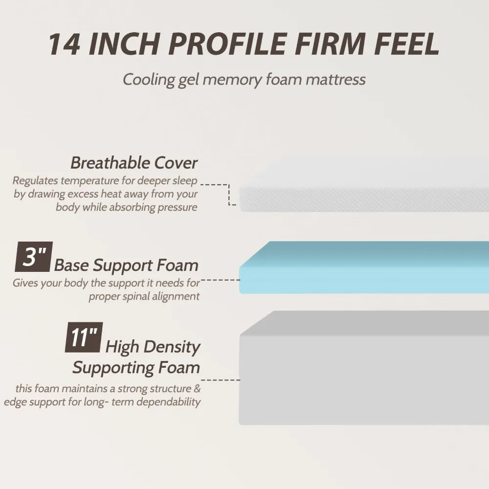 مرتبة إسفنجية ميموري فوم متوسطة الحجم مقاس 14 بوصة - تخفيف الضغط، نوم مبرد للأطفال والكبار
