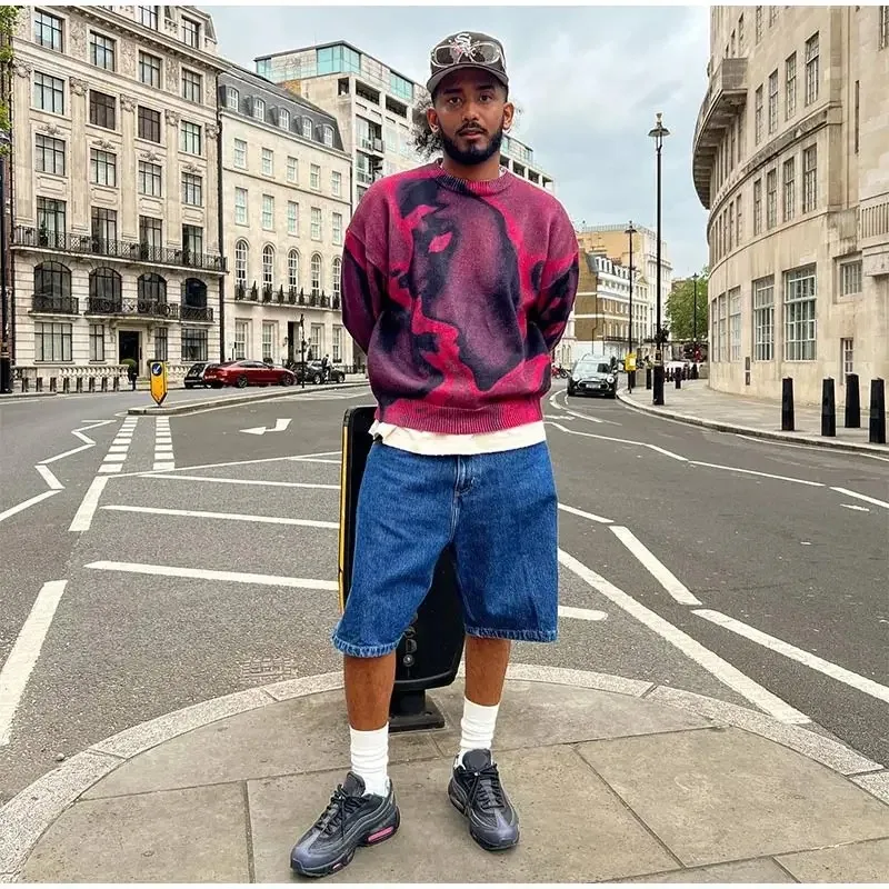 2024 sweter Jumper uniseks lengan panjang kontras trendi pria Pullover rajut leher O celup dasi Y2k jalanan rajut Harajuku pria