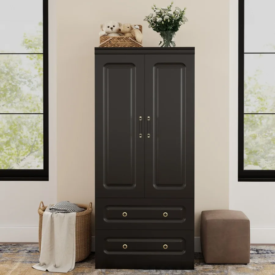 

Livelylodge Wardrobe Closet Wooden Armoire Wardrobe 2 Doors Hanging Rod 2 Drawers Shelves Tall Closet Black