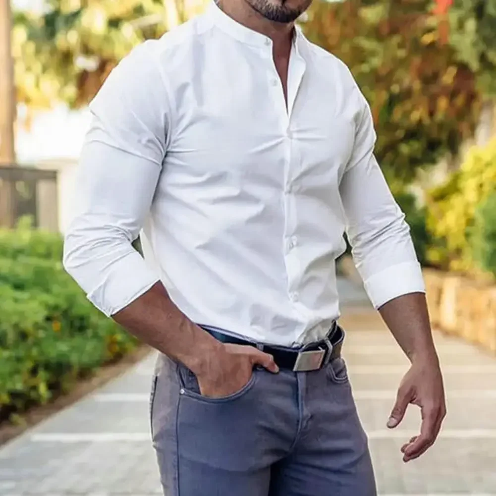 

Hot！Men Autumn Shirt Slim Fit Button Stand Collar Solid Color Single-breasted Soft Cardigan Formal Business Men Tops for Work