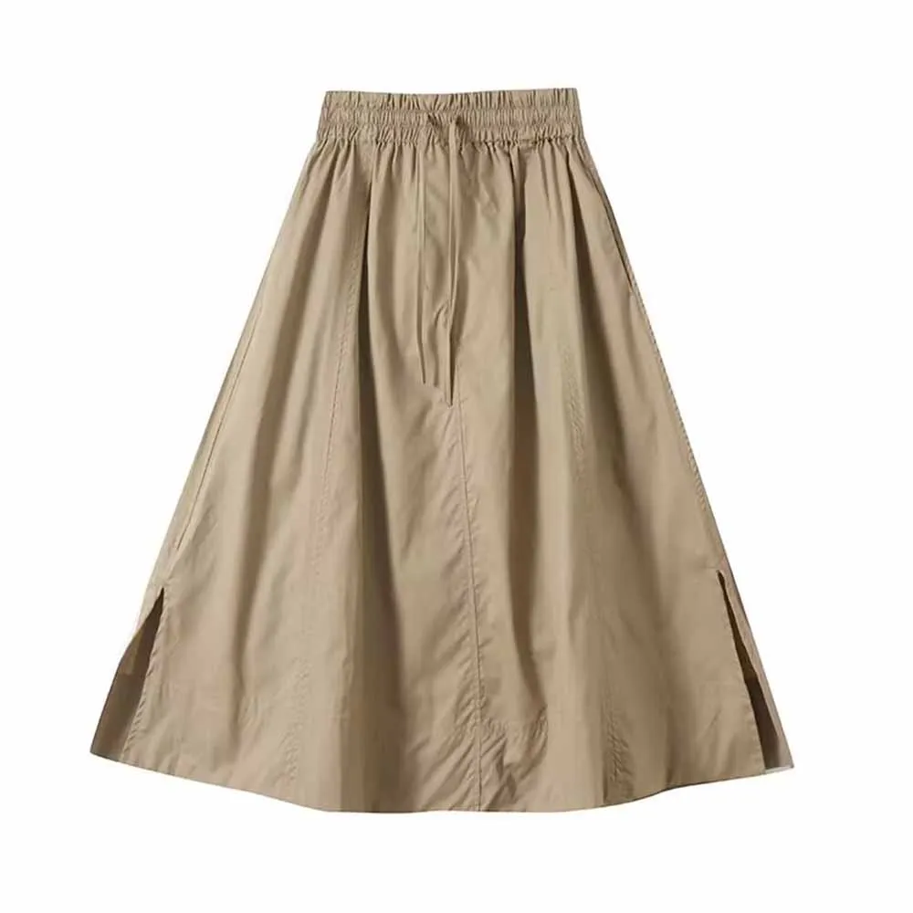 

Women's new fashion slit design casual versatile A-line pleated Midi skirt retro elastic waist drawstring women's skirt Skazi