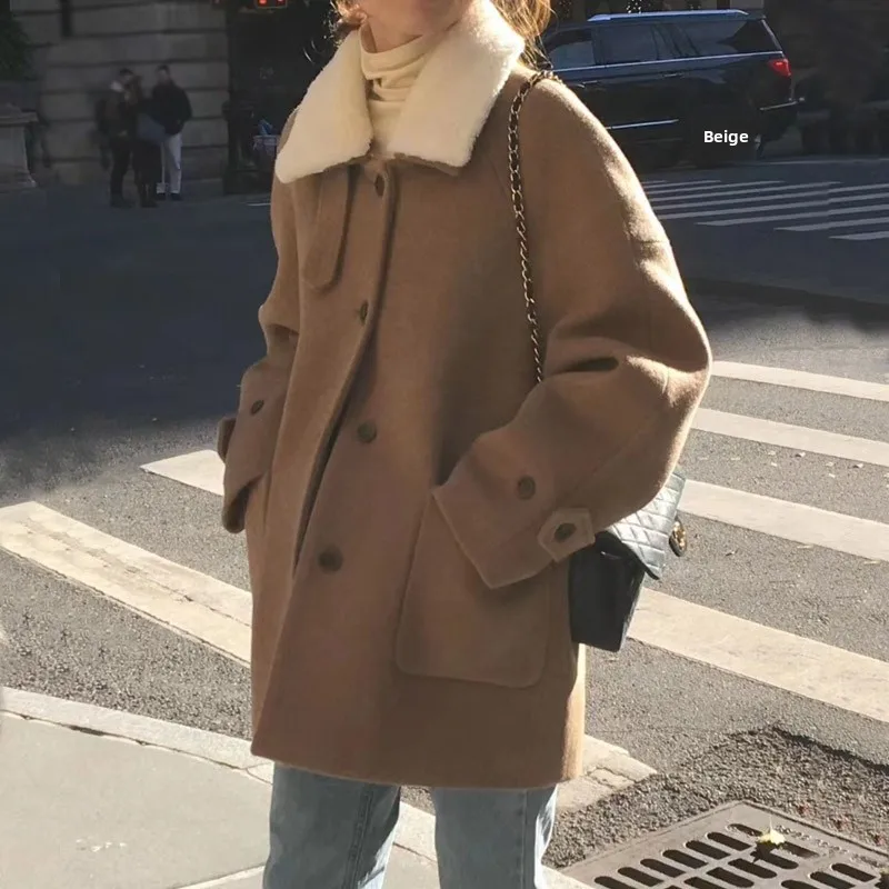 

Ladies' Korean Sle Woolen Coat Loose Fit Removable Faux Fur Collar Vintage Tweed Jaet Small Size Button up Long Sve
