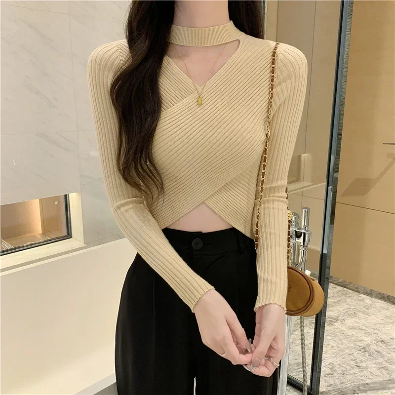 Long Sleeve Knitted Tops Autumn Winter Women Sweater Slim Fit Pullover Office Lady Fashion Halter Collar V-neck Clothes 29858