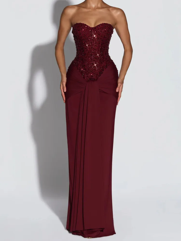 DFDG Dames 2025, lente zomer, luxe paillettenjurk, strapless, hoge taille, wikkelband, bodycon, effen kleur, formele maxi-jurk