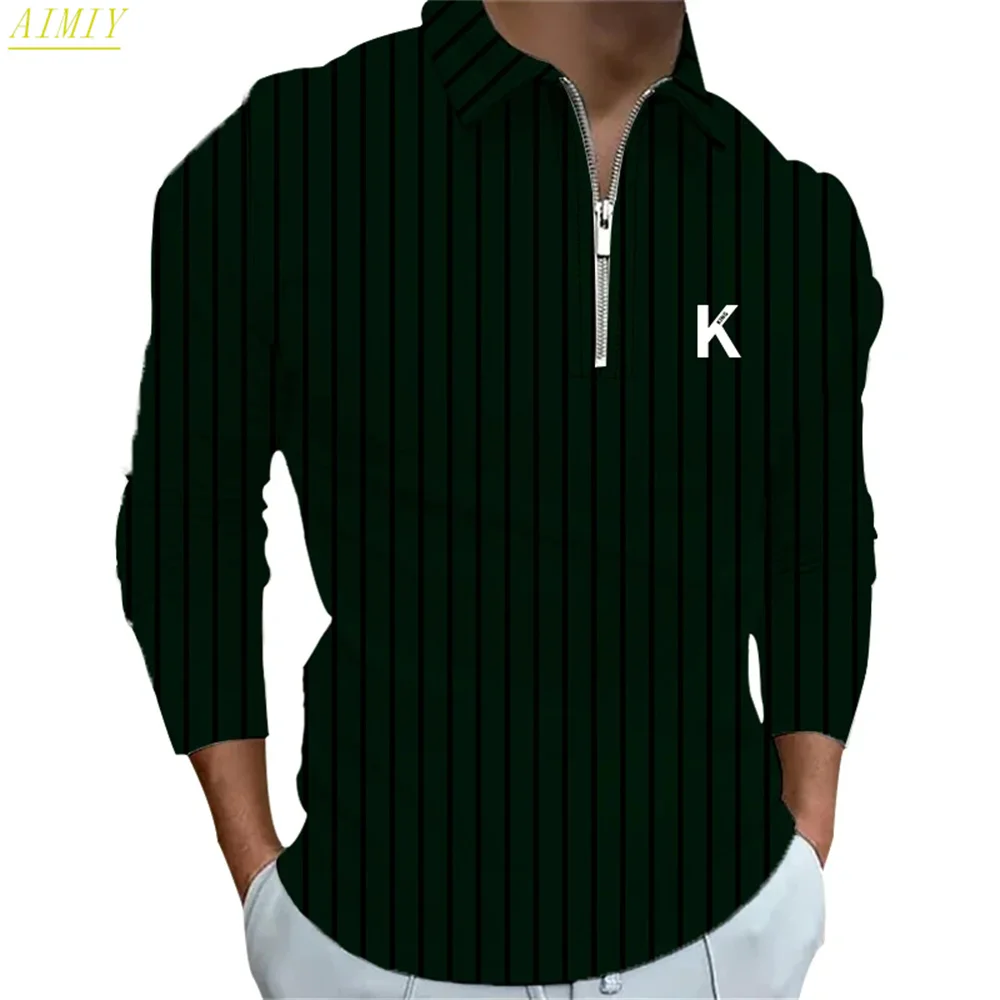 2024 New Men's Autumn And Winter Solid Color Lapel Leisure Sports Polo Shirt Zipper Striped Long Sleeve High Elasticity