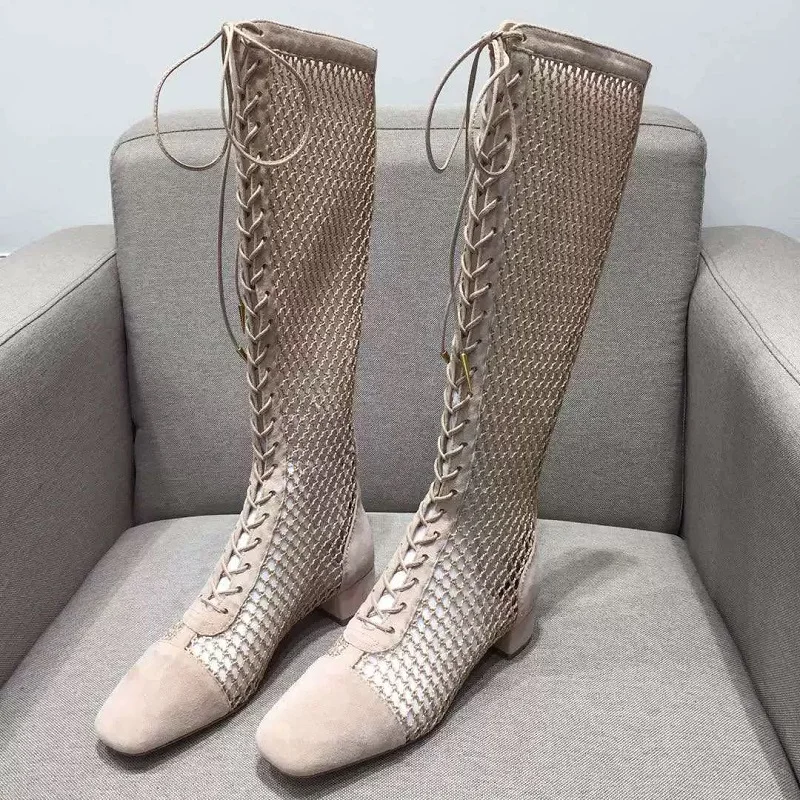 High quality new boots Thick heel strap over knee boots back zipper breathable mesh boots fashion sexy women's boots