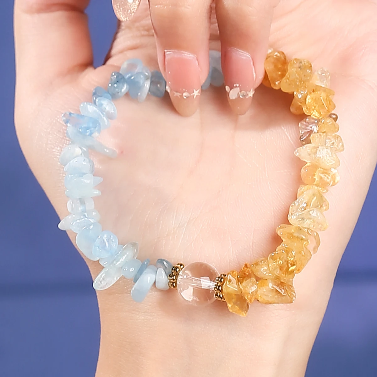 1 Pc Natural Stone Aquamarine Citrine Chip Bead Bracelet Beryl Luck Beads Healing Jewelry for Wealth & Peace Unisex Gift