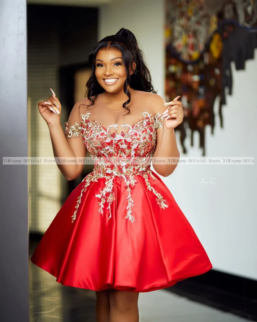 Red Short Prom Dresses for Black Girls O Neck Short Sleeve Mini Applique Beads Women Birthday Matric Homecoming Dress Customized