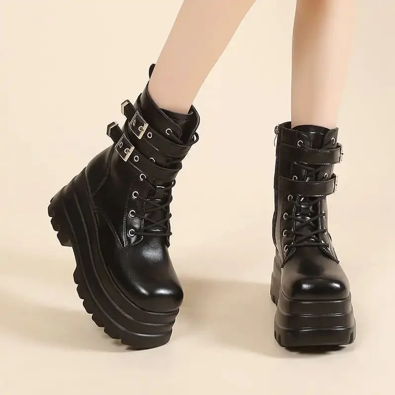 Punk Style Women Shoes Lace-up heel height 9CM Platform Shoes Woman Gothic Ankle Rock Boots Metal Decor Woman Sneakers