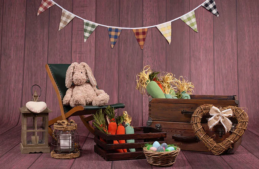 Happy Easter Theme Dark Brown Wooden Boards Planks Backgrounds Carrots Box Bunny Doll Flowers Pendant Flag Backdrops Decoration