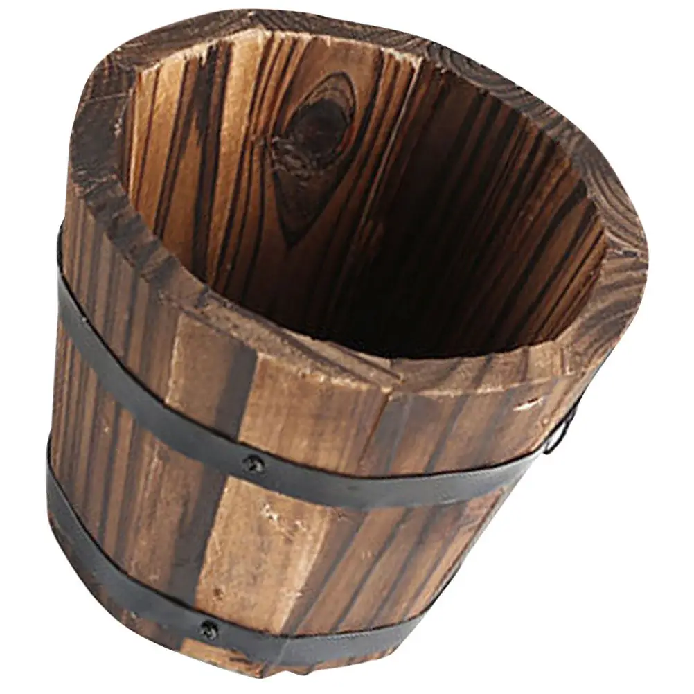 Retro Wood Barrel Planter Rustic Wooden Flower Pot Decorative Plant Container for Indoor Outdoor Garden Courtyard Home Decor