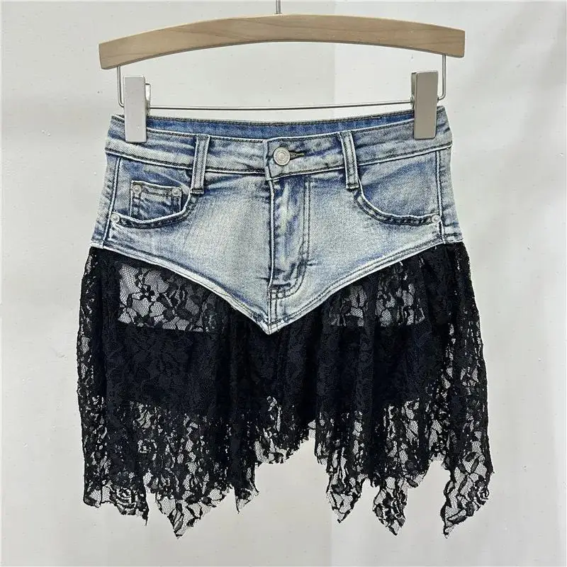 Sexy Lace Spliced Skirt Women Denim Skirts Patchwork Zipper Fly High Waist Skirt Washed Loose Fit Distressed Summer Pockets