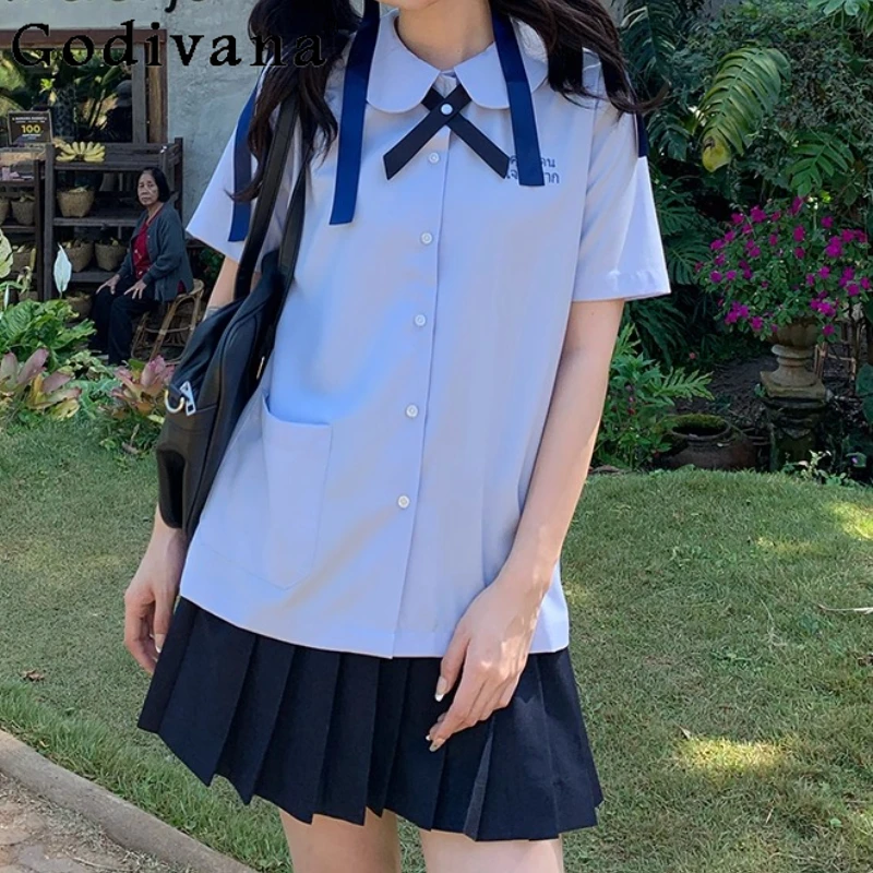 

Simple Temperament Jk Thai Girls Summer Short-Sleeved Uniform Shirt Cyan Versatile Age-reducing High Waist A-line Short Skirt