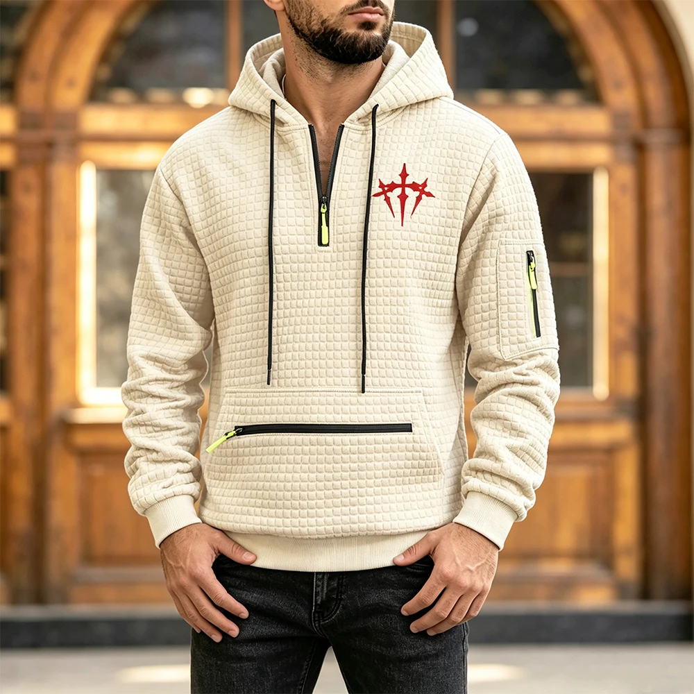 Men's Waffle Half Zip Hoodie Long Sleeve Pullover Red Abstract Spike Star Print Green Zipper Pocket Casual Streetwear Sweatshirt