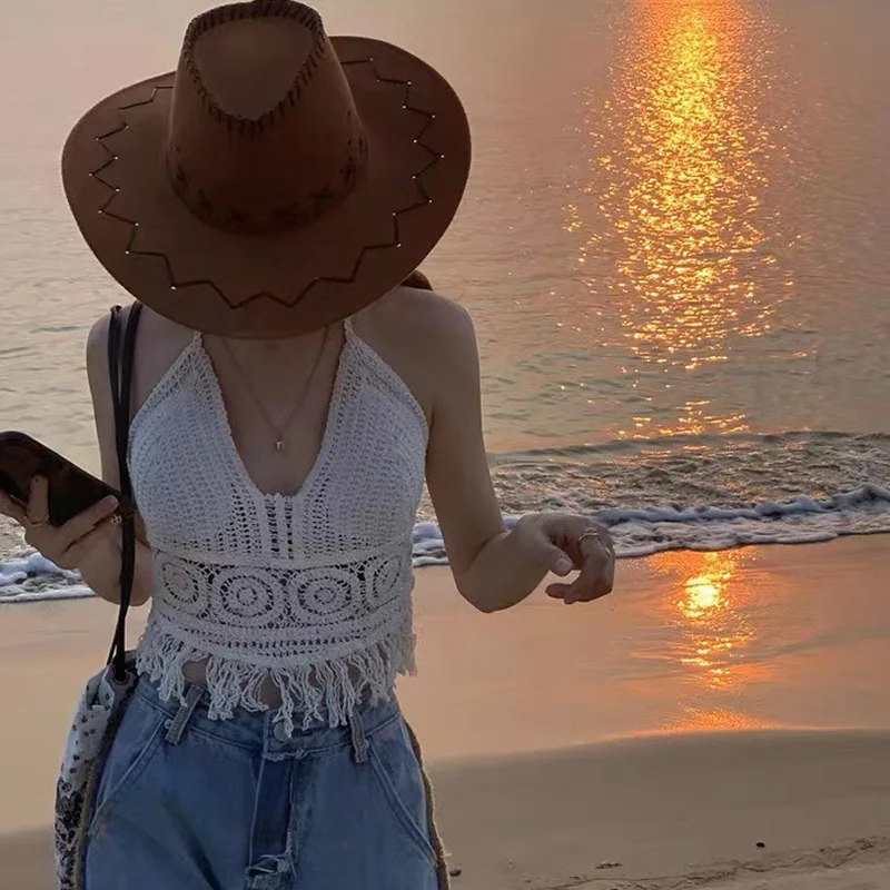 Sexy Boho Strand Vakantie Hemdje Halter Vrouwen Gehaakt Gebreide Badpak Bh Backless Vest Holle Kwastje Top Dames Crop Tops