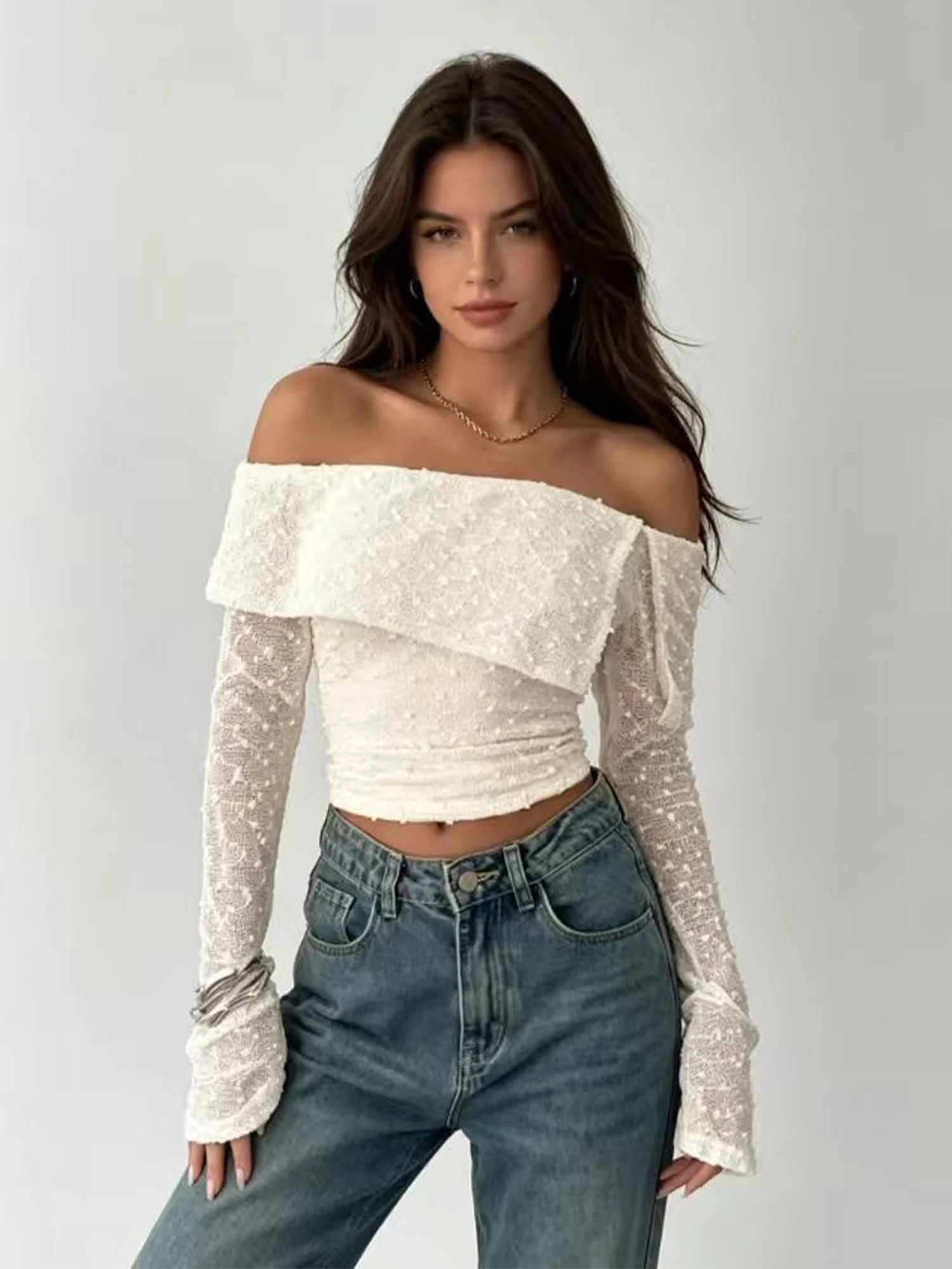 Women Apricot T-shirt Y2K Gyaru Elegant Off Shoulder Long Sleeve T-Shirt Vintage Korean style Slim Fit Tee Top for Women Autumn