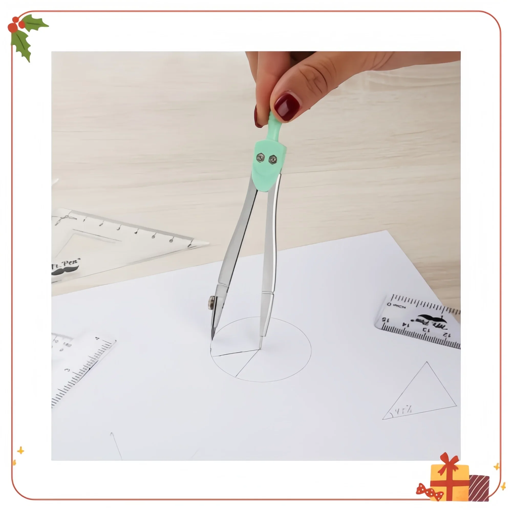 Conjunto de geometria verde menta de 13 peças |   com caixa de armazenamento inquebrável e bússola para estudantes, uso escolar e em sala de aula