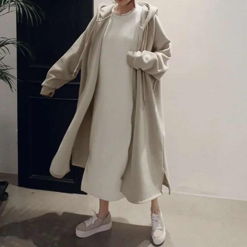 SuperAen Loose Oversize Hooded Zipped Cardigan Long Solid Color Coat 2026 Autumn and Winter New Simple Coats