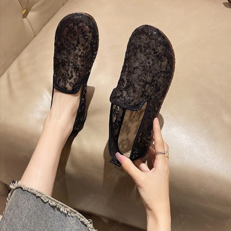 

New Summer Mesh Fabric Slip-On Women's Shoes Soft Flat Soled Breathable Casual Lace Ballet Flats