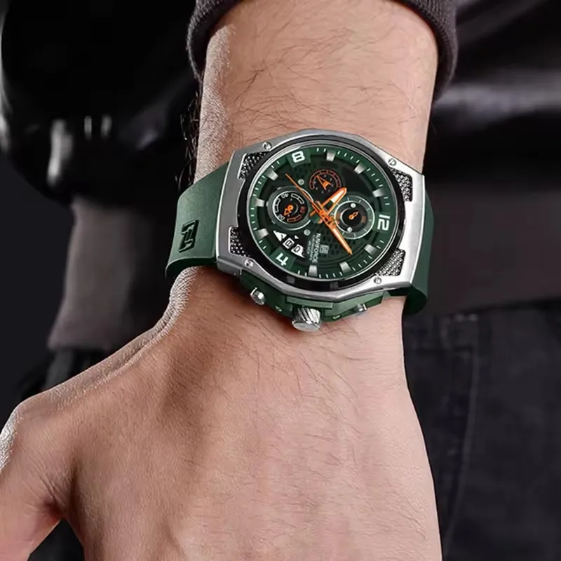 ナビフォース 8051T メンズクォーツ時計カレンダークロノグラフ発光カジュアル防水シリコンストラップ腕時計男性用リロイやつ