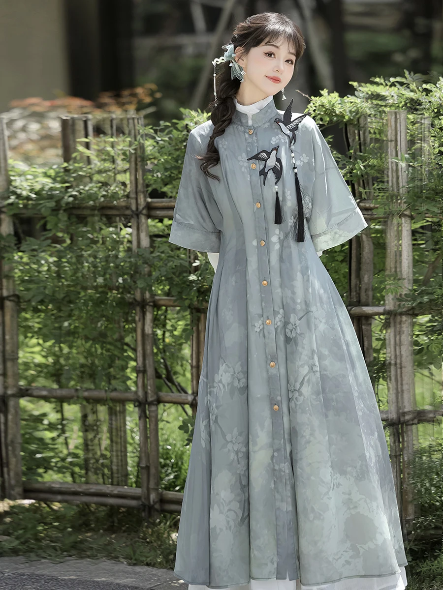 

Designer's Gift Original Yanling Hanfu Chinese Style Han Elements Long-sleeved Dress Short-sleeved Dress Set