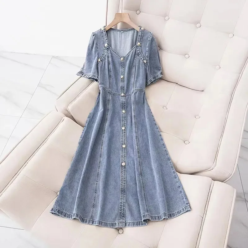 

Women's Mid Length Solid Color Wash Cowboy Dress Fat MM Loose Slim Hong Kong Retro Denim Skirt Summer Thin A-line Skirt Female