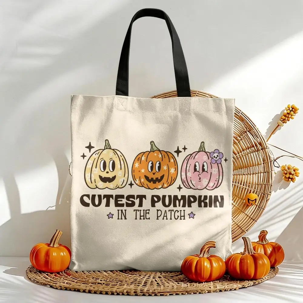 Cutest Retro Pumpkin Storage Bags Canvas Tote Bag Double-Sided Print Durable Shoulder Handbag for Festival Party Gift
