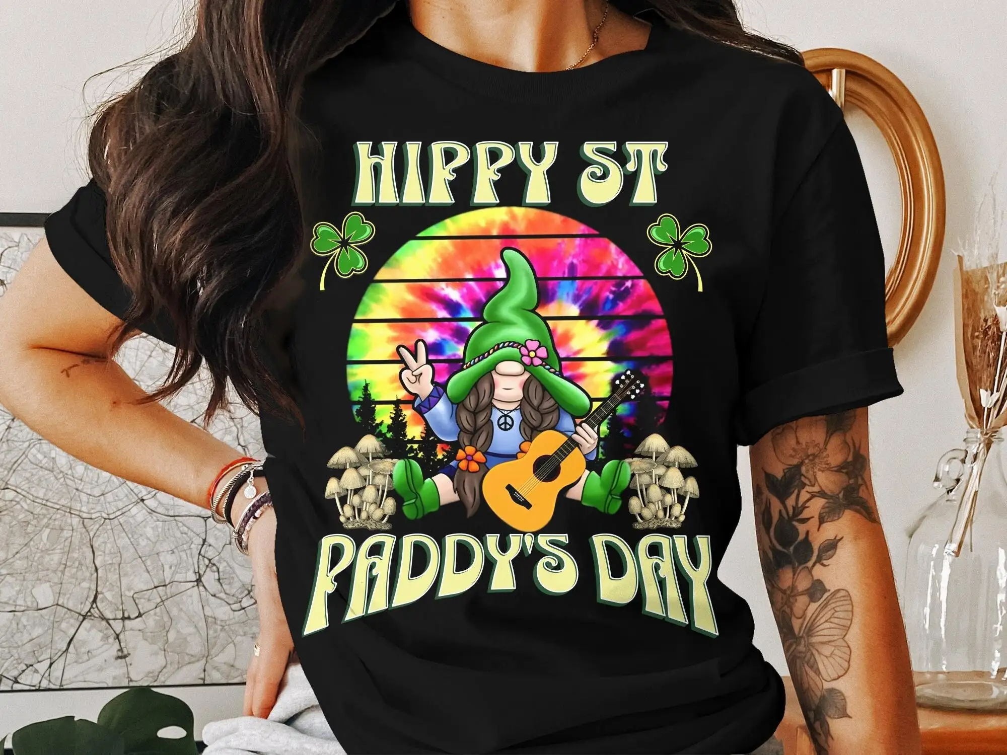 Hippie St Paddy'S Day T Shirt Colorful Tie Dye Peace Sign Guitar And Gnome Design