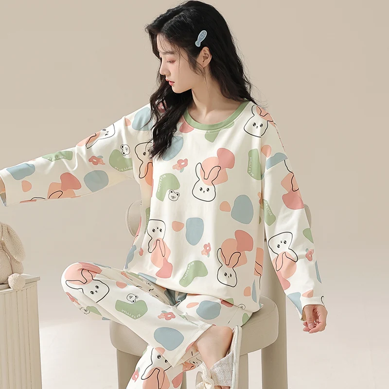 Rabbit Women Pajamas Sets Pullover Long Sleeves Long Pants Autumn Winter Cute Pyjamas Soft Sleepwear Cozy Pijamas Lady Girls Pjs