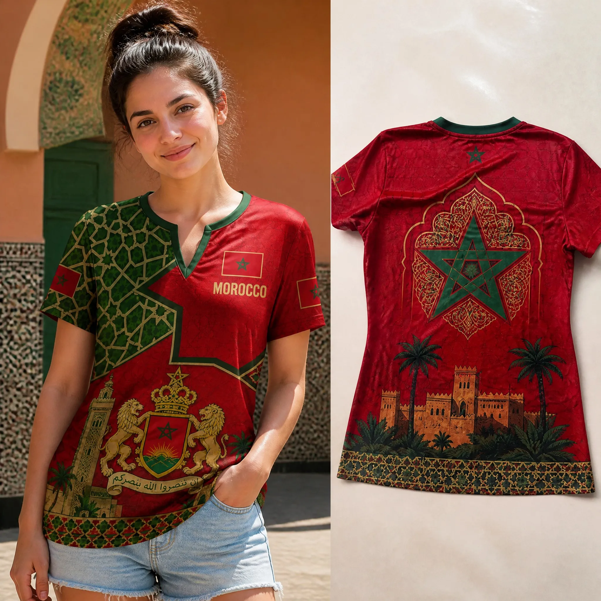 Womens V Neck Short Sleeve Morocco T Shirt Red Green Royal Crest Tower Print Casual Summer Graphic Tee Soft Daily Top Soft Touch