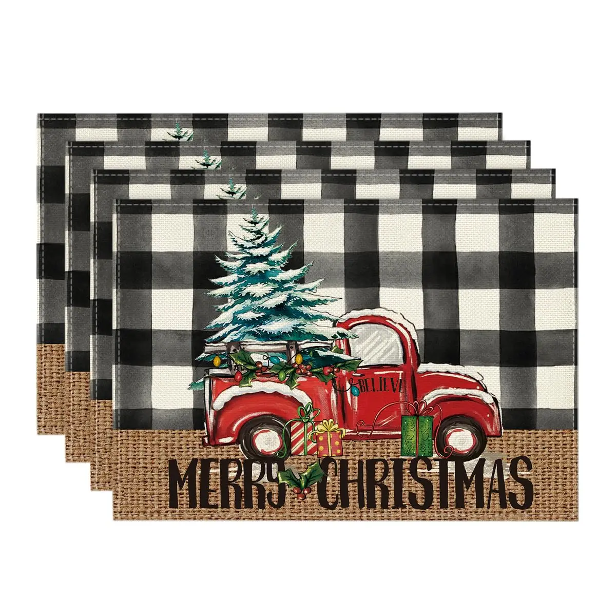 

Buffalo Plaid Truck Merry Christmas Placemats Set of 4, 12x18 Inch Xmas Tree Winter Table Mats for Party Kitchen Dining Decor