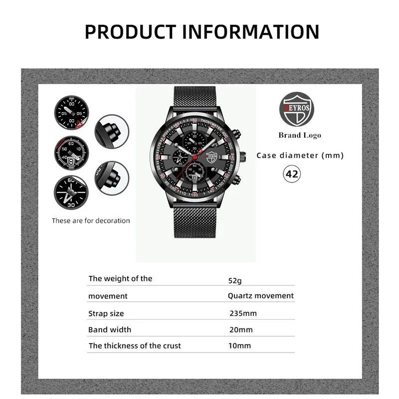 DEYROS Luxury Mens Business Quartz Wristwatch Calendar Fashion Men Casual Sports Watch for Men Gift