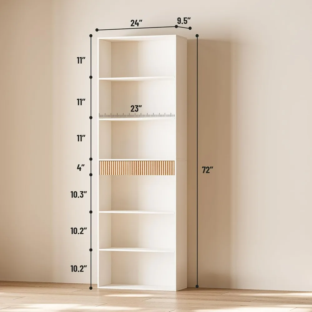 72" Tall Bookshelf with Storage, 7-Tier Bookcase Fluted with Drawer, Display Book Shelf Book Organizer with Anti-tip Device