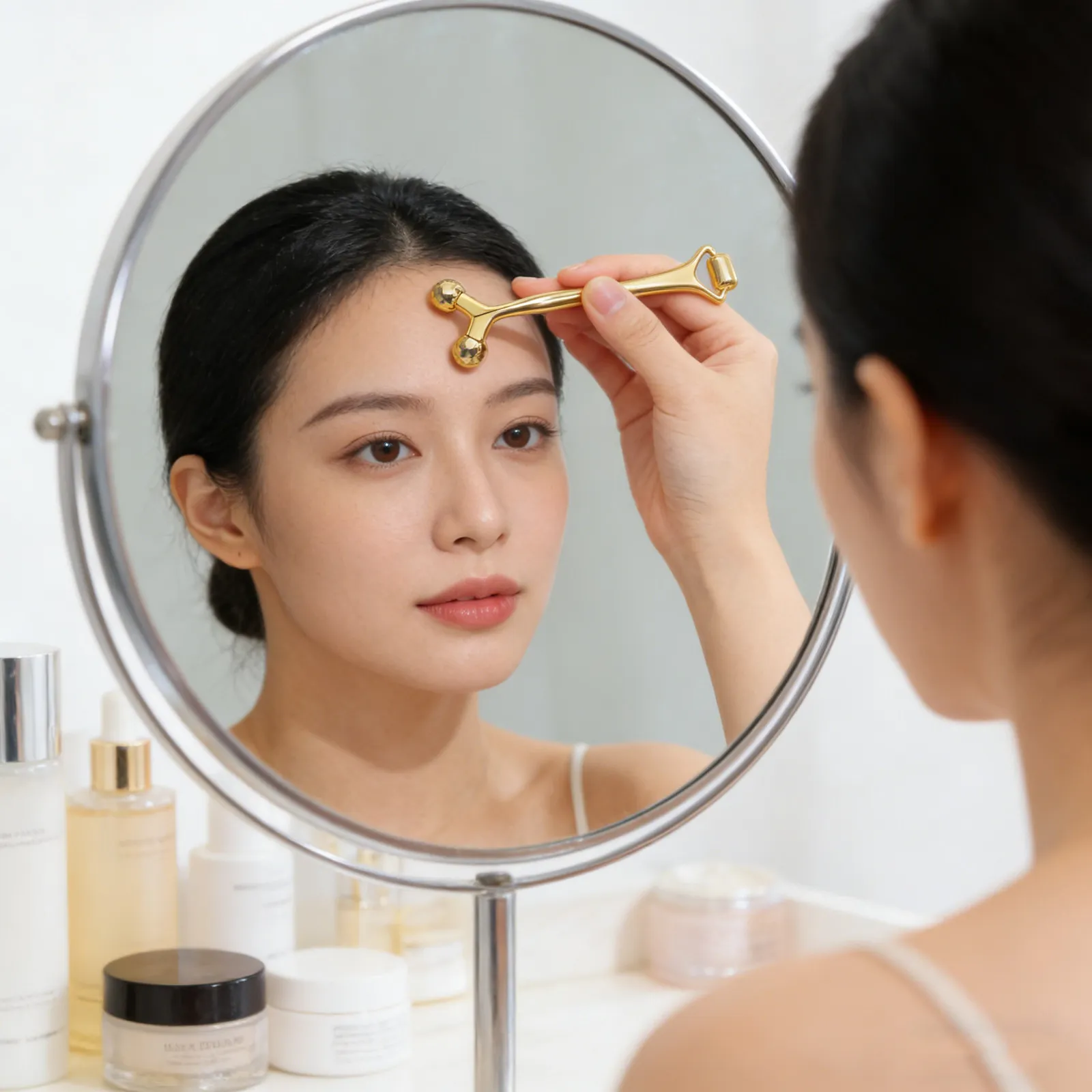 Rodillo Masajeador Facial de Metal de Doble Punta Dorado, Herramienta Manual para Esculpir Rostro y Cuello, Masajeador para Lifting Facial y Cuidado de la Piel