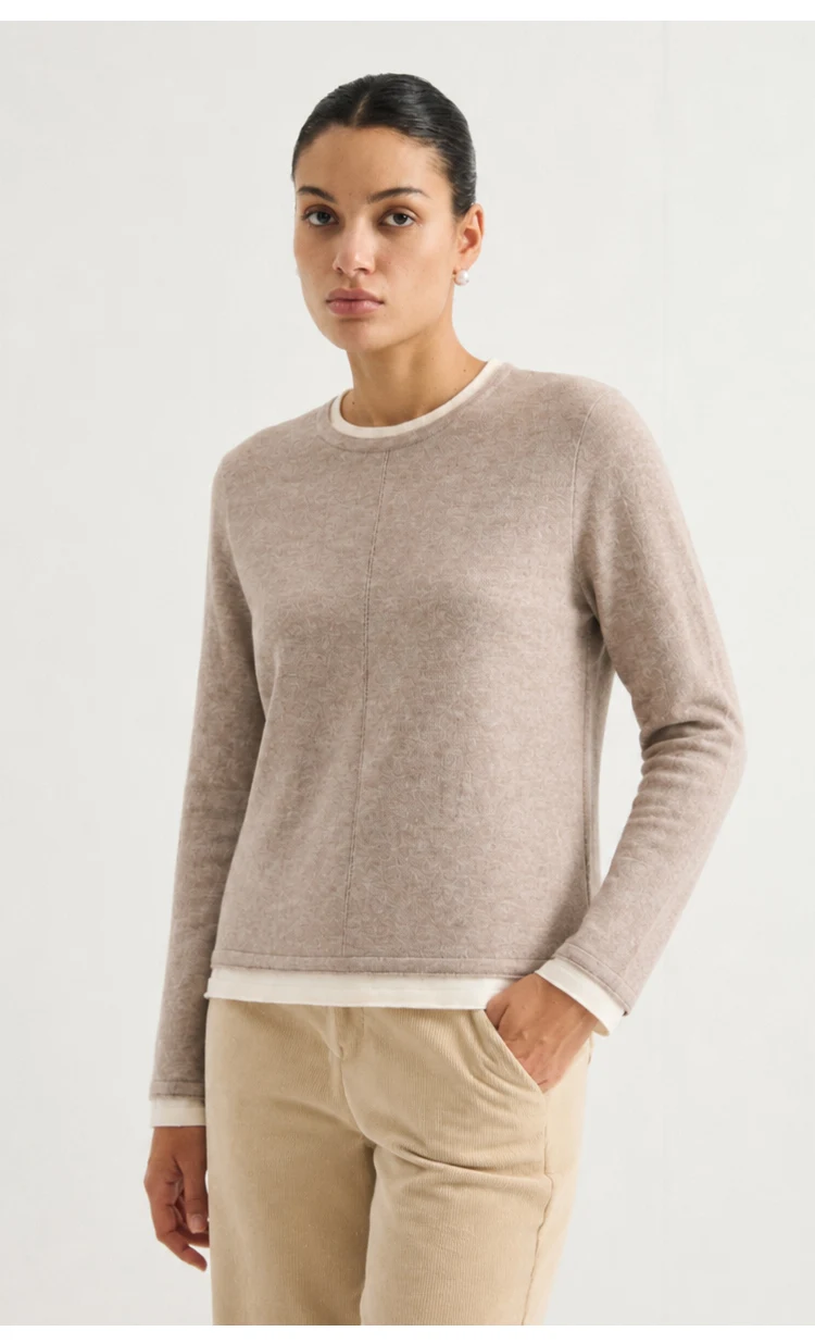 ML62039 Damen-Strickpullover mit Rundhalsausschnitt, Langarm, Zweiteiler-Optik, Kontrastfarbener Besatz, Lässiger Pullover für Herbst und Winter – Detail 7