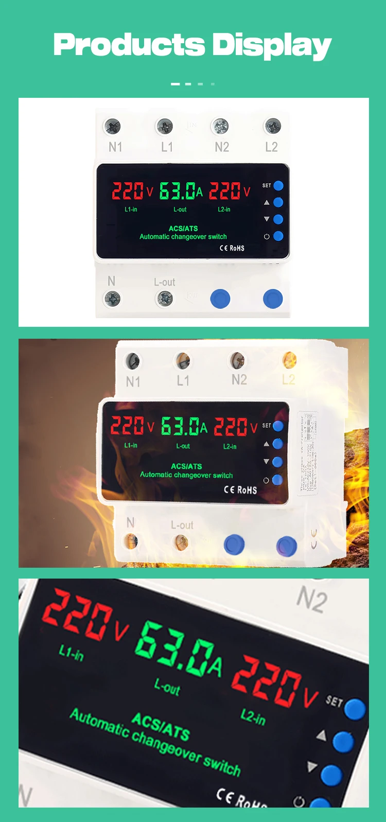 CG LED Display Automatic Transfer Switch 63A 110V Adjustable 2P Dual Power ATS DIN Rail Mount Over Voltage Current Protector