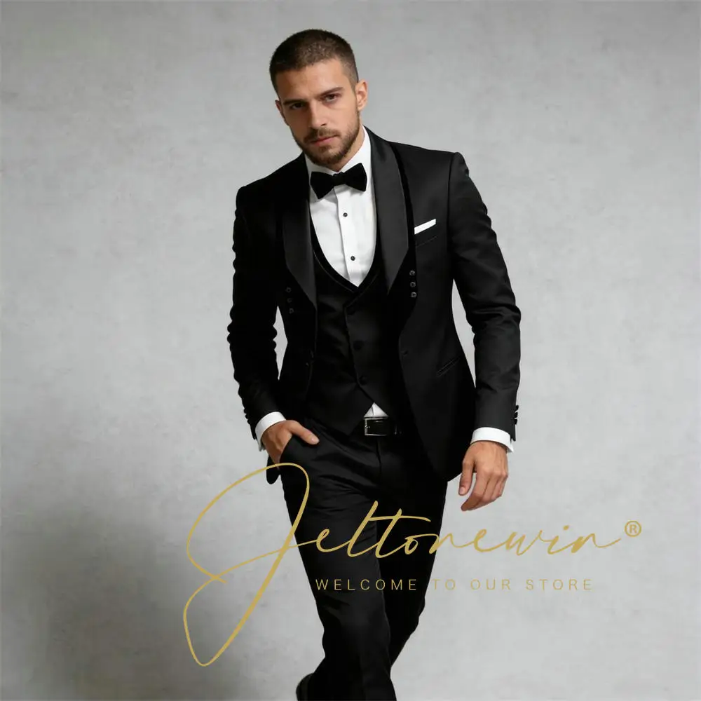 

Fashion Black Suit Set Men's 3-Piece Suit Jacket Vest Pants Tailored Slim Fit Wedding Tuxedo Prom Suit Groomsmen Costume for Men